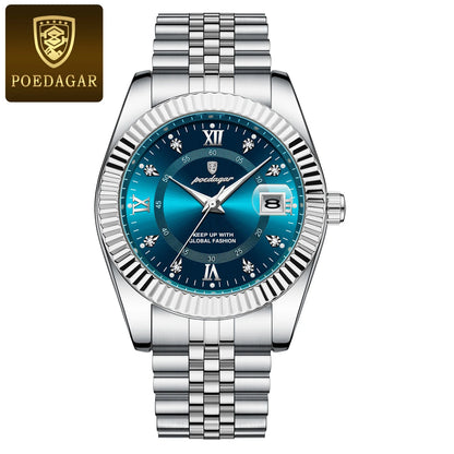 POEDAGAR Herrenuhr – Luxusmodell, wasserdicht, aus Edelstahl, mit Leuchtanzeige, im Militärstil, mit Datumsanzeige, Quarzwerk, ideal für die Arbeit oder berufliche Anlässe.