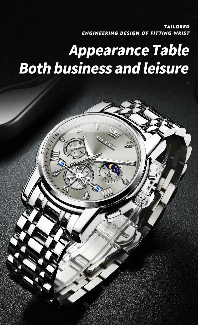 OLEVS Men's Watches Classic Multifunctional Flywheel Chronograph Original Quartz Wristwatch Moon Phase 24 Hour Waterproof Watch