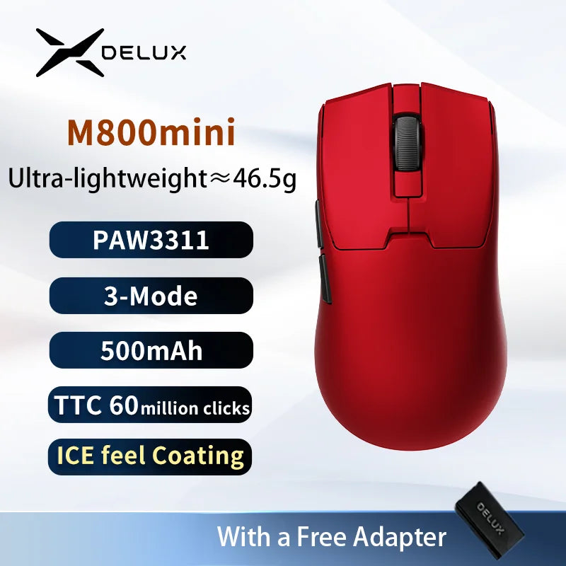 Delux M800mini Wireless Gaming Mouse, 46g Lightweight, PAW3395/PAW3311, 1KHz Polling Rate for Small to Medium Hand PC Gamer