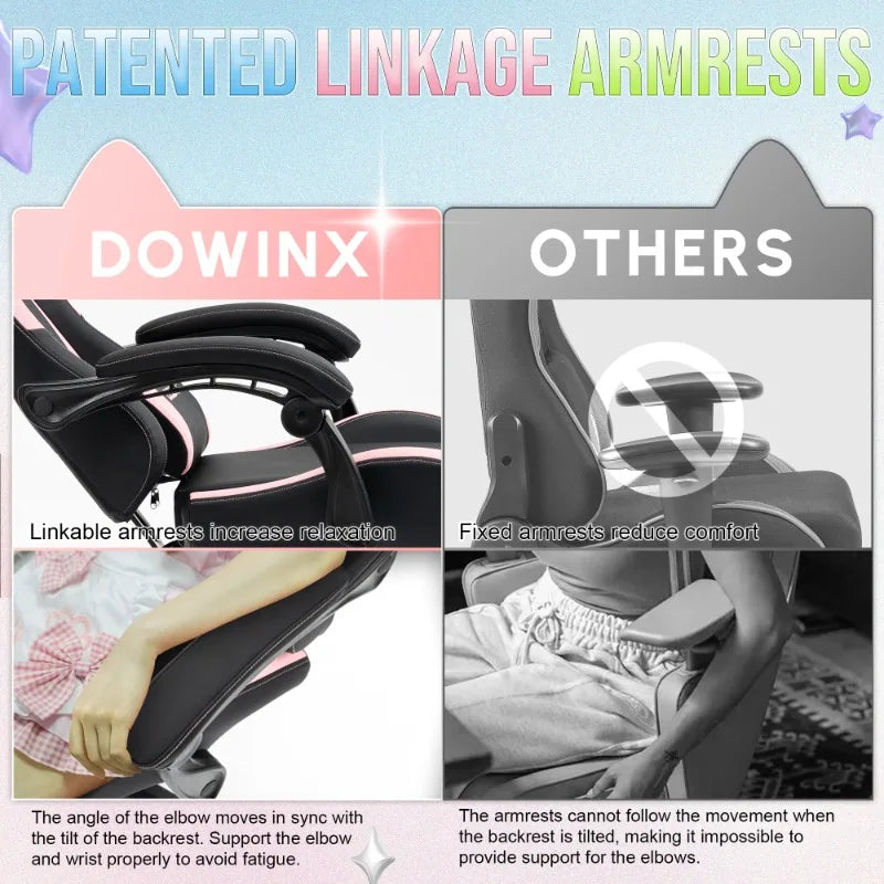 Sedia da gaming carina con orecchie da gatto, poggiapiedi, rosa kawaii, sedia per computer ergonomica con schienale alto, seduta gamer e supporto lombare a zampa di gatto