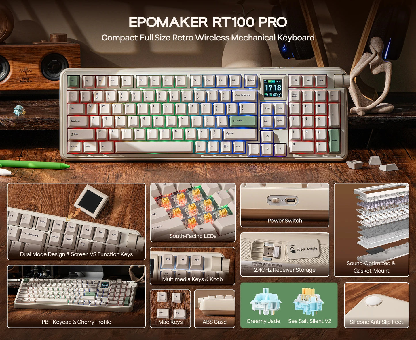 EPOMAKER RT100 PRO Tastiera meccanica 100% layout ANSI US con gasket, cablata/Bluetooth/wireless 2.4Ghz, schermo da 1.54” e manopola del volume