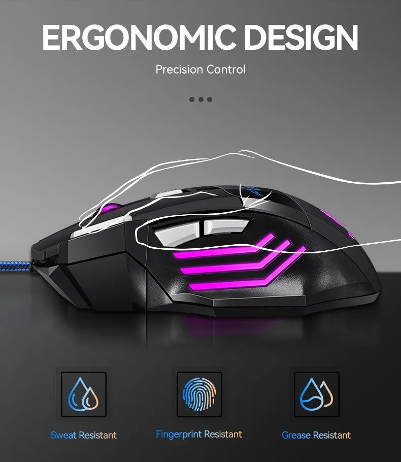 1 rato gaming USB Hyperspeed novo para PC, retroiluminado RGB, rato gaming ergonómico 7D para esports, com fios, para portátil e PC gamer