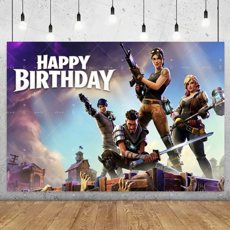 Fundo decorativo de aniversário com tema Fortnite — banner gamer Fortnite para meninos e meninas, pano de fundo para fotografia e presente para crianças
