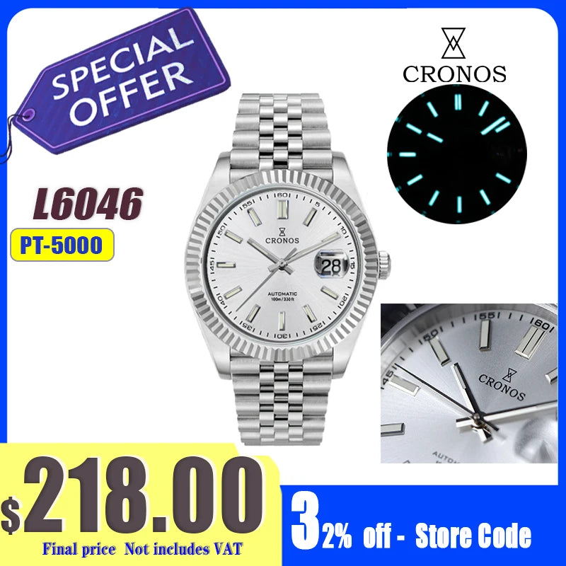Cronos DateJ Luxury Men's Watch, Stainless Steel 5 Links Bracelet, PT5000 Miyota 9015, 100m Water Resistant, Sapphire
