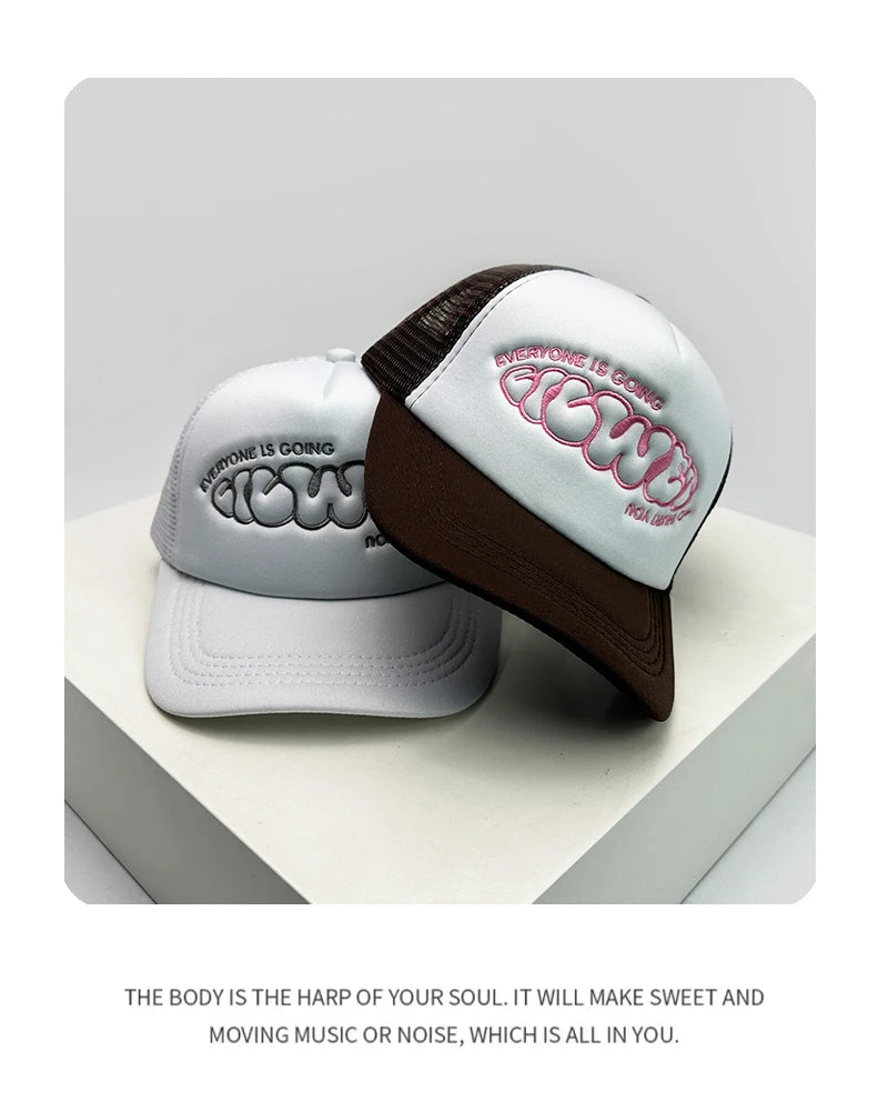 Novos bonés de basebol unissexo com blocos de cor, estampado com letras e bordado, estilo hip-hop, em malha respirável, com pala para proteção solar, bonés trucker urbanos e versáteis