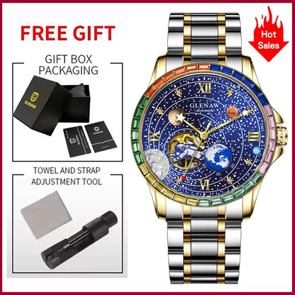 GLENAW New Rotating Earth Mechanical Watch Men Space astronaut dial Night Light Waterproof Stainless Steel Strap Automatic Watch