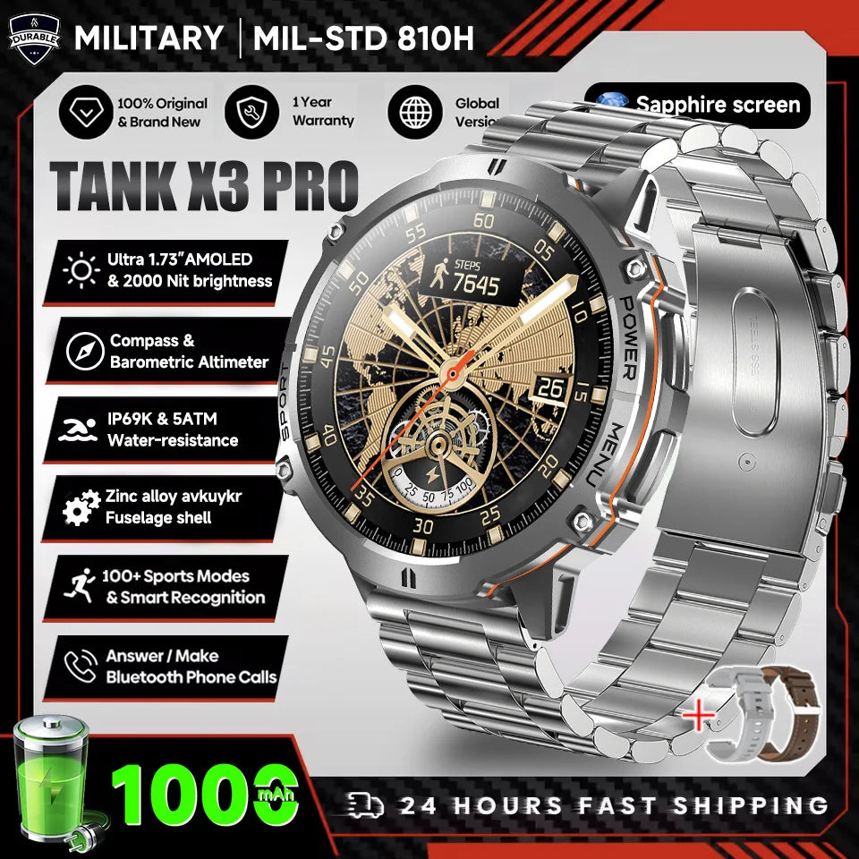 2026 Novo Smartwatch Militar TANK X3 para Homem, Bateria 1000mAh, 10ATM À Prova de Água para Natação, Percurso GPS, Ecrã AMOLED HD de 1.75", Chamadas e Desporto