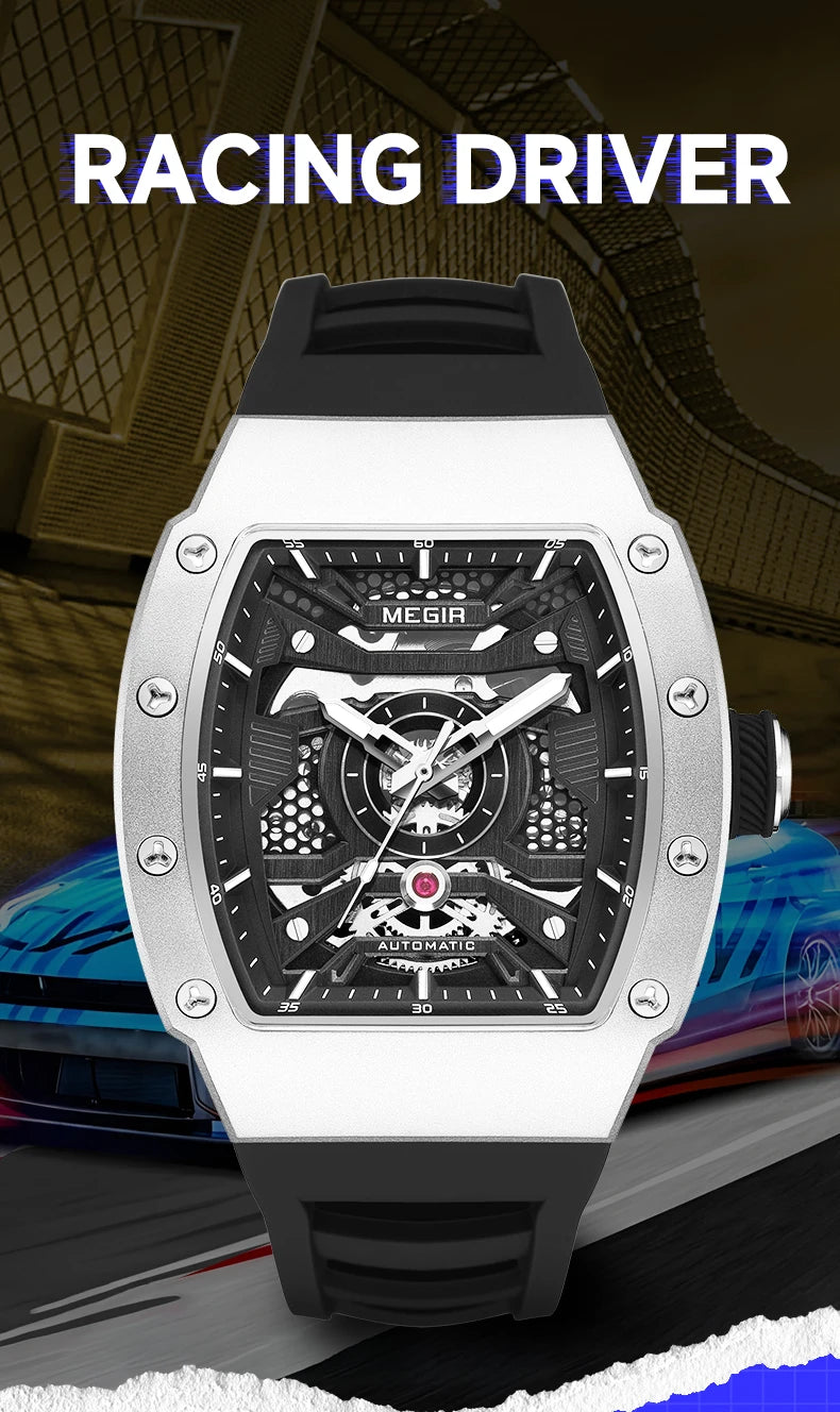 MEGIR Men's Automatic Mechanical Watch with Stainless Steel Case Sillicone Strap Fashion Waterproof Luminous Wristwatch 8604