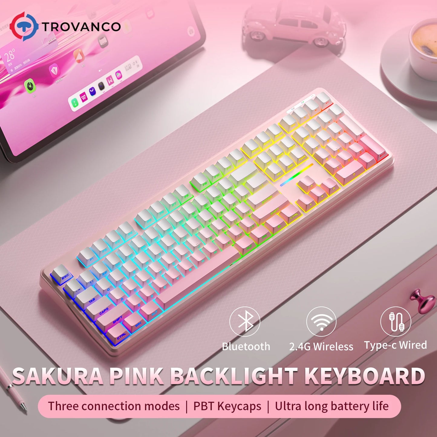Tastiera Bluetooth V108 Pro Office a bassa rumorosità 2.4G cablata e wireless, layout completo con membrana retroilluminata RGB