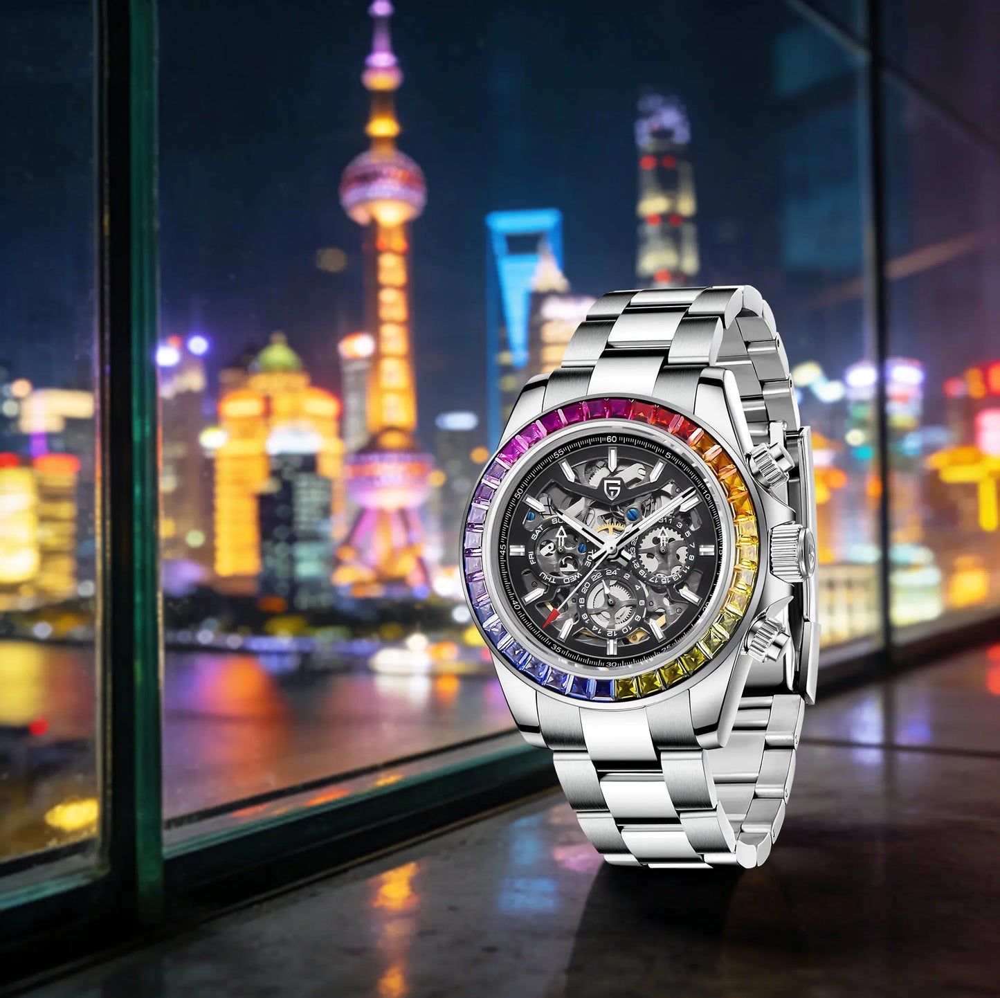 PAGANI DESIGN Personalized Men Automatic Mechanical Watch Colorful Gemstone Bezel Small Three-Pin Tachymeter Design Chronograph
