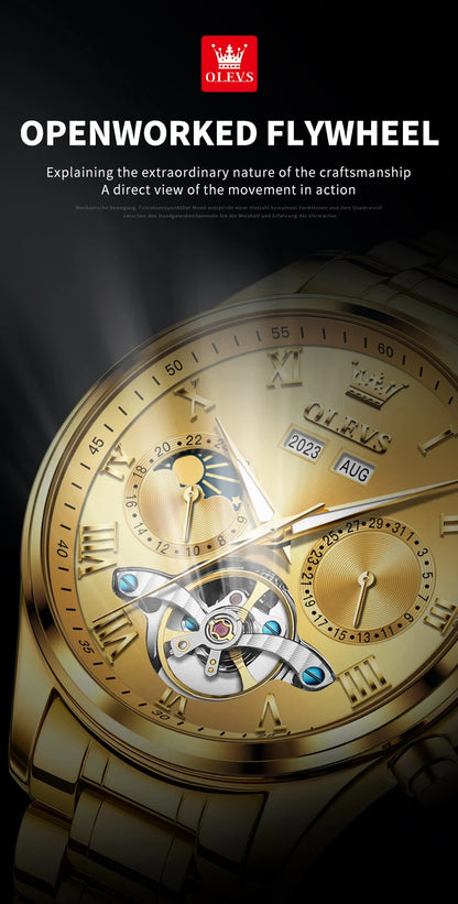 OLEVS 7005 Classic Business Mechanical Wristwatch for Man Skeleton Flywheel 24 Hour Moon Phase  Calendar Luxury Men's Watch