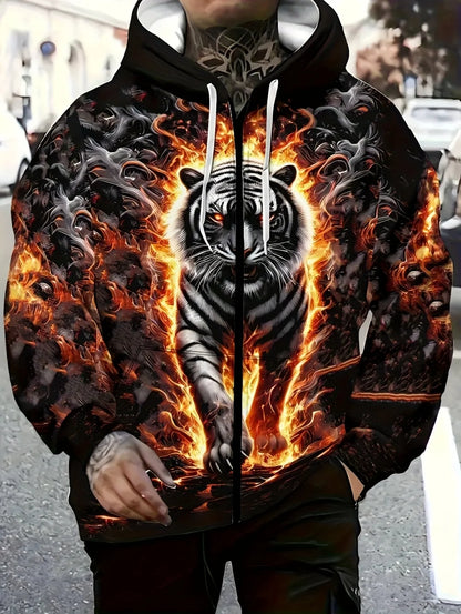 Sweatshirt com capuz e fecho para homem 2025, manga comprida, gráfico de tigre, estilo casual outdoor, com cordão e bolsos