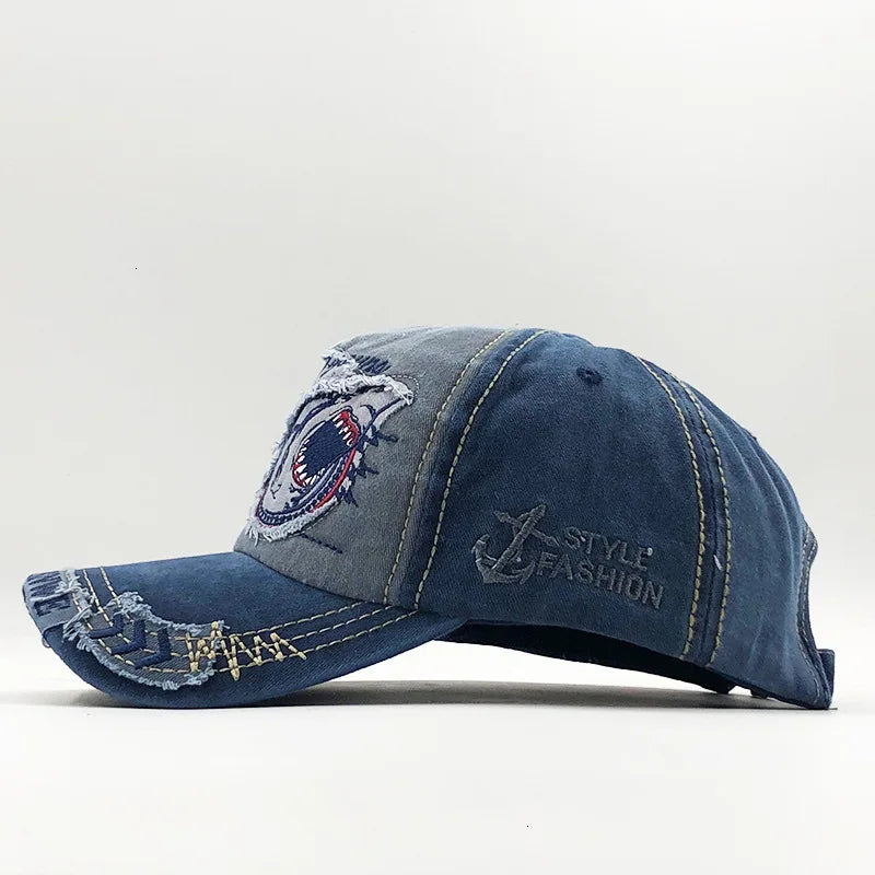 Trendy Shark Pattern Washed Baseball Cap for Men Women, Outdoor Fishing Sun Hat, Unisex Vintage Hip Hop Flat Brim Caps
