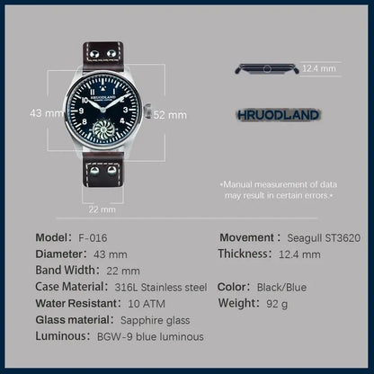 Hruodland 2025 Neue mechanische Herrenuhr Seagull ST3620 Retro-Pilot 43MM BGW-9 Leuchtend Saphirglas Turbine Reloj Hombre