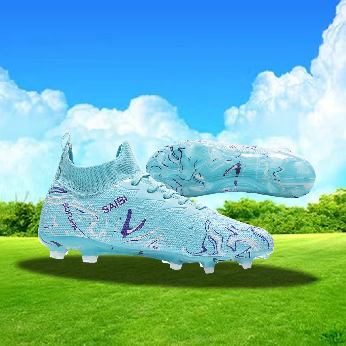 Chaussures de football, sneakers, chaussures de soccer, au-dessus de la cheville mais pas jusqu'au genou, semelle antidérapante à crampons.