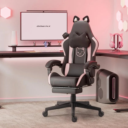 Sedia da gaming carina con orecchie da gatto, poggiapiedi, rosa kawaii, sedia per computer ergonomica con schienale alto, seduta gamer e supporto lombare a zampa di gatto