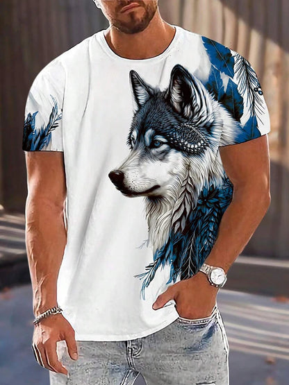 T-shirt de homem com estampado de lobo e olhos diferentes — T-shirt casual diária masculina, moda urbana streetwear, manga curta, verão, desporto ao ar livre