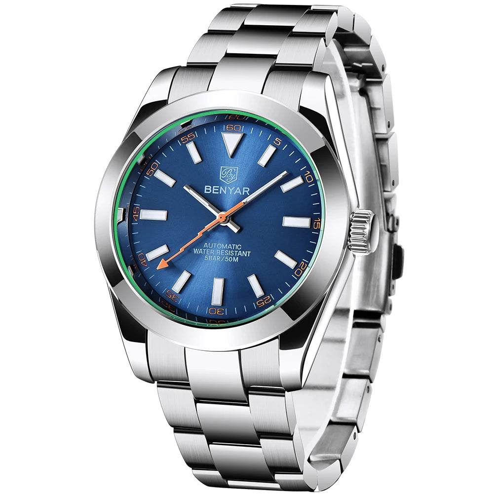 BENYAR – Nuevo reloj para hombre, marca de lujo, reloj mecánico automático, resistente al agua hasta 50 m, modelo deportivo con agujas luminiscentes