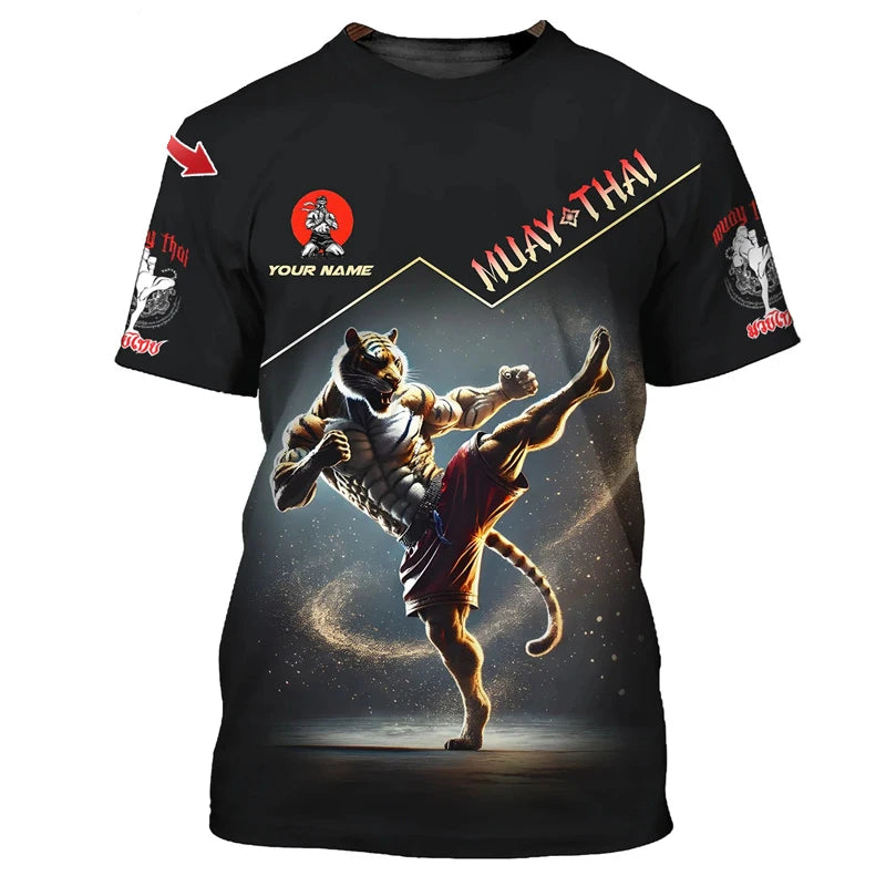 Kietas naujas „Muay Thai“ grafinis marškinėlis vyrams su 3D spausdintu tigro ir drakono piešiniu, individualizuotu vardu, vasaros sporto salės ir fitneso marškinėlis