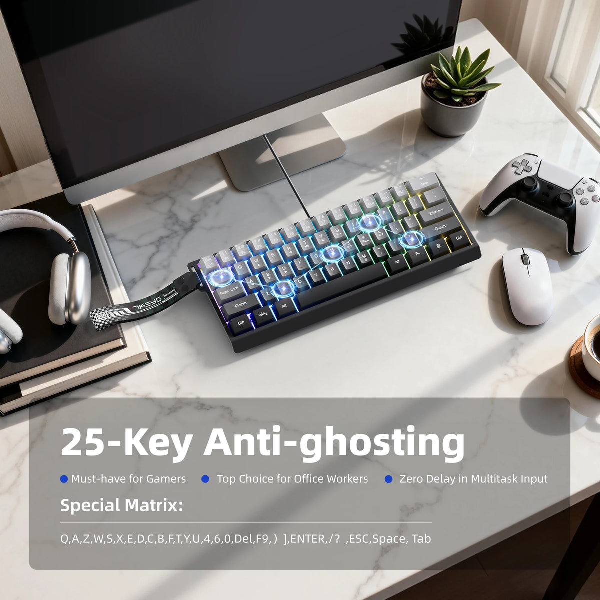 Tastatură cu fir compactă 7KEYS 60%, cu iluminare RGB, capace de taste cu gradient, tastatură de gaming USB pentru PC-uri cu Windows, laptopuri și tablete