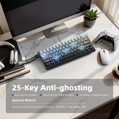 Tastatură cu fir compactă 7KEYS 60%, cu iluminare RGB, capace de taste cu gradient, tastatură de gaming USB pentru PC-uri cu Windows, laptopuri și tablete