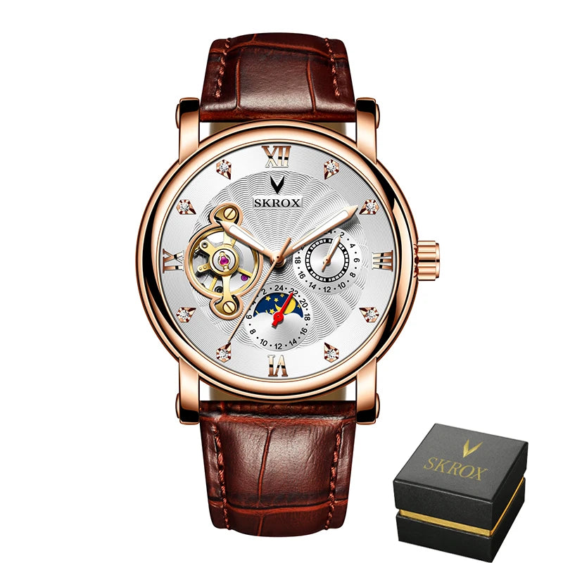 A luxury automatic mechanical watch for men, from a leading brand, featuring a tourbillon, a moon phase display and diamonds – an elegant wristwatch.
