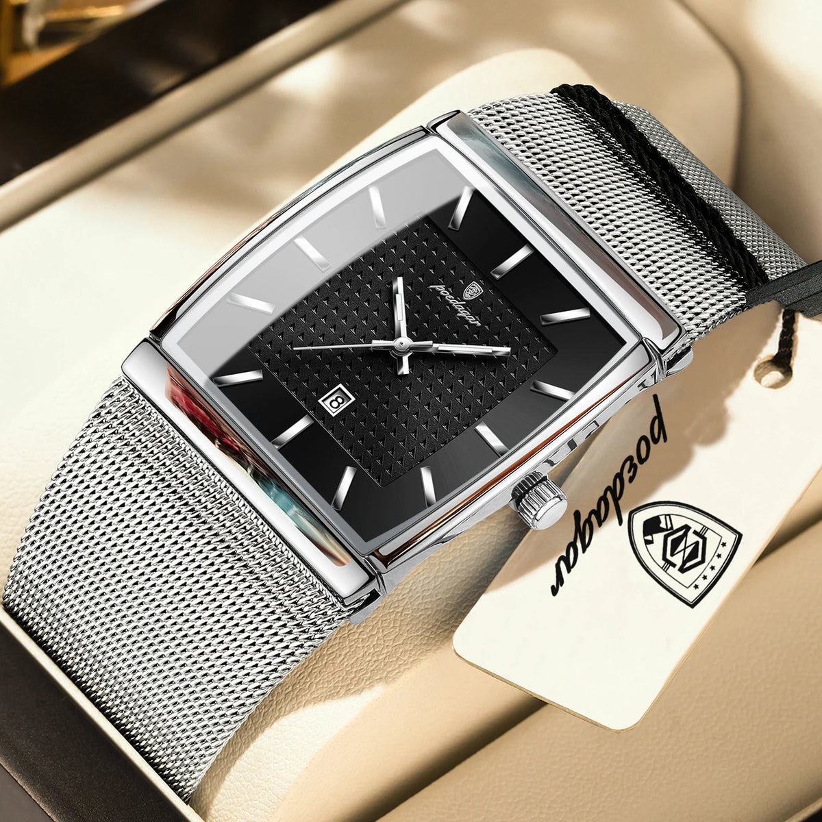 Montre pour homme POEDAGAR, modèle de luxe, bracelet en maille d'acier inoxydable, affichage de la date, étanche, aiguilles luminescentes, style décontracté, boîtier rectangulaire, mouvement à quartz.
