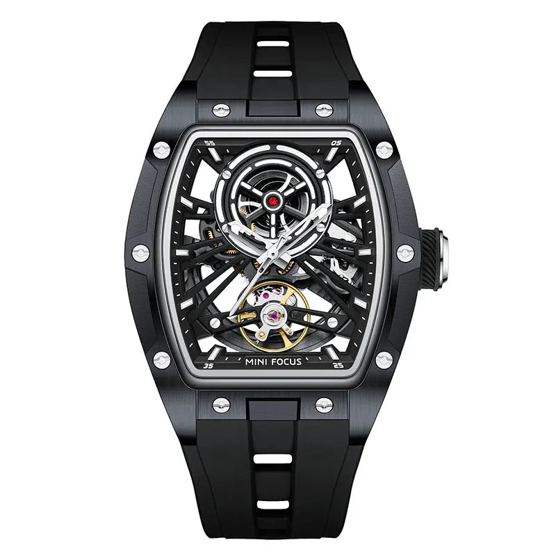 MINI FOCUS Men's Wristwatch Fashion Black Waterproof Automatic Mechanical Watch with Luminous Hands Silicone Strap Tonneau Dial