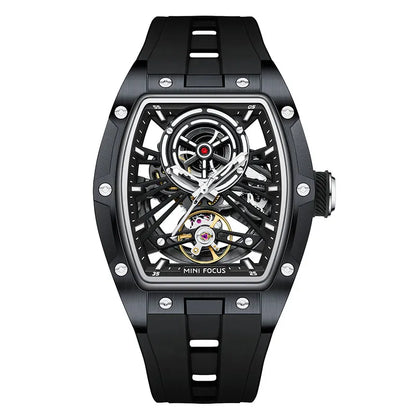 MINI FOCUS Men's Wristwatch Fashion Black Waterproof Automatic Mechanical Watch with Luminous Hands Silicone Strap Tonneau Dial