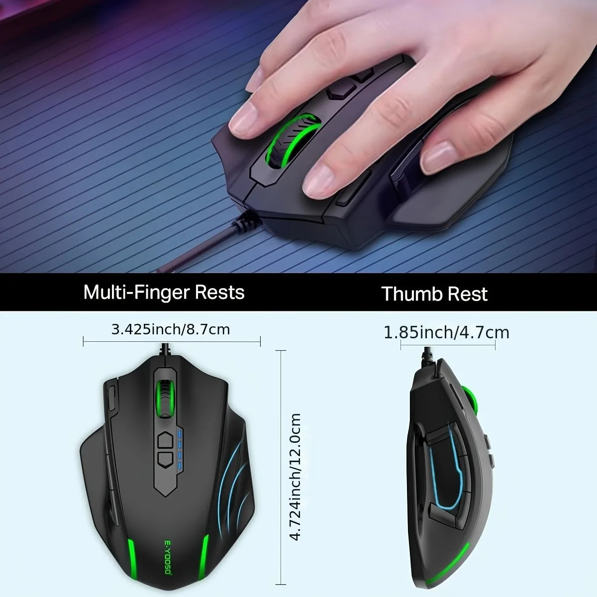 Ratón con cable E-YOOSO X-41PRO, ratón gaming grande con retroiluminación RGB, 11 botones laterales programables, compatible con ordenador, PC, portátil y Mac