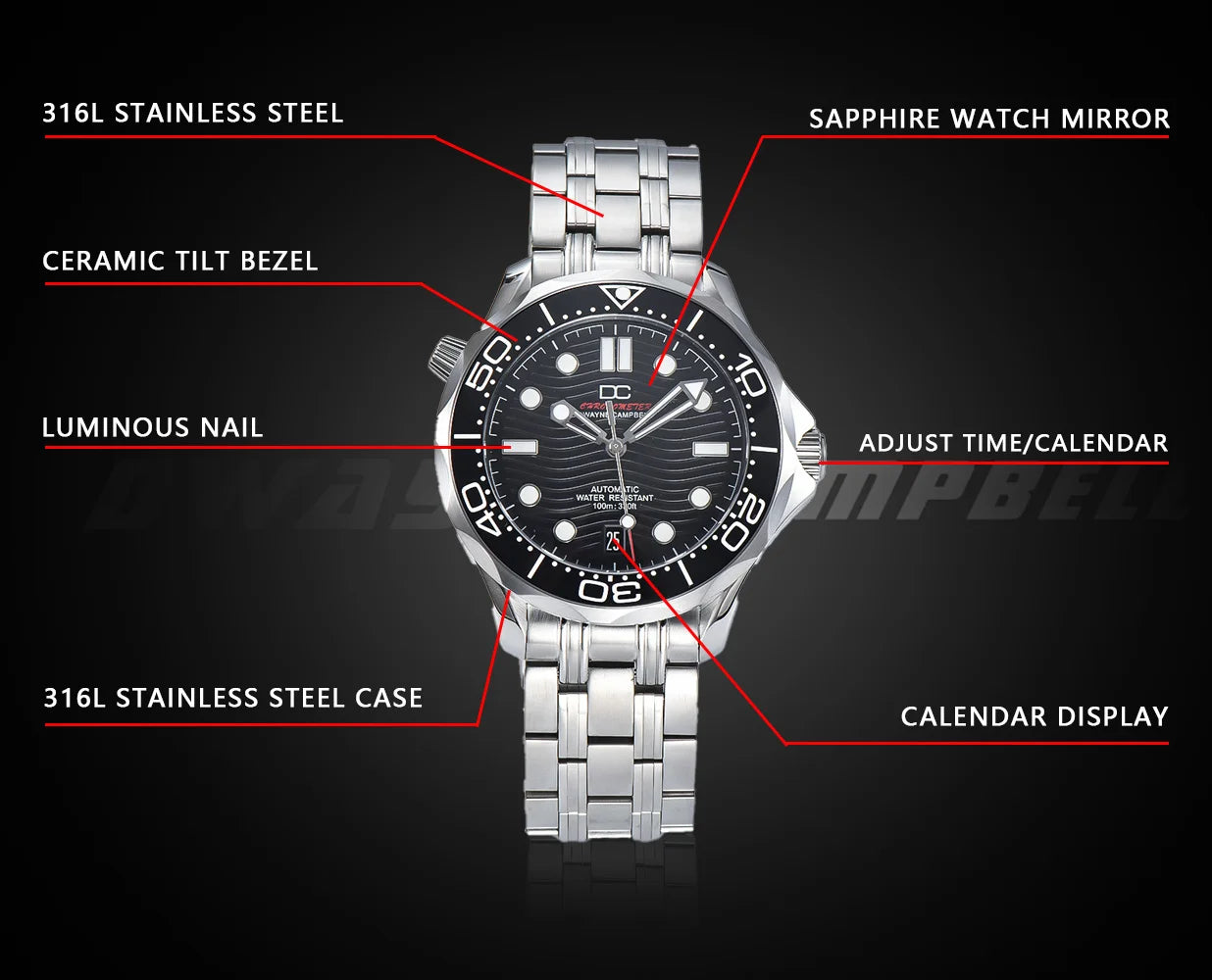 DWAYNE CAMPBELL Top Luxury NH35 Men's Automatic Mechanical Watch Ceramic Bezel Waterproof Classic Business Wristwatch