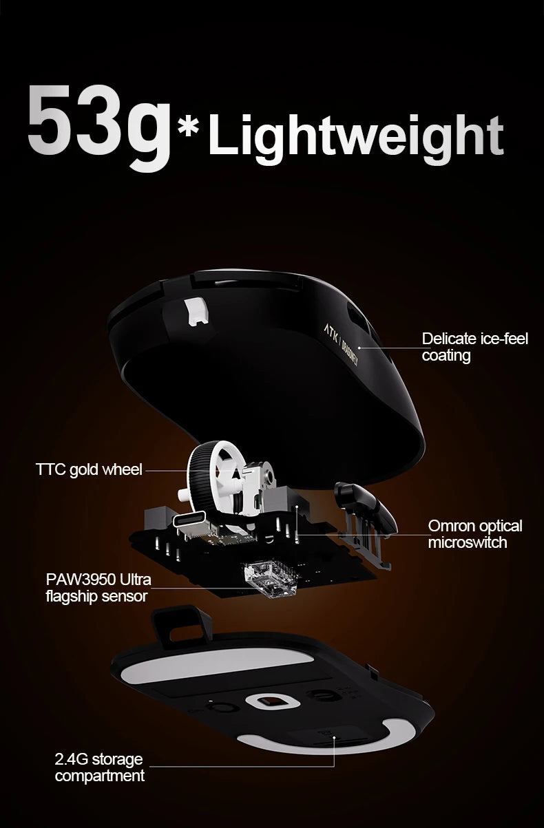 Ratón gaming inalámbrico ATK Dragonfly A9 Ultra PAW3950, ultraligero, trimodo, ergonómico, para esports y jugadores FPS, A9 SE Plus