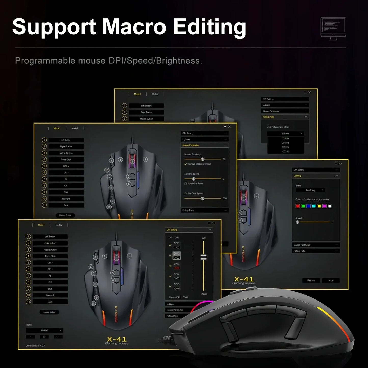 Ratón con cable E-YOOSO X-41PRO, ratón gaming grande con retroiluminación RGB, 11 botones laterales programables, compatible con ordenador, PC, portátil y Mac