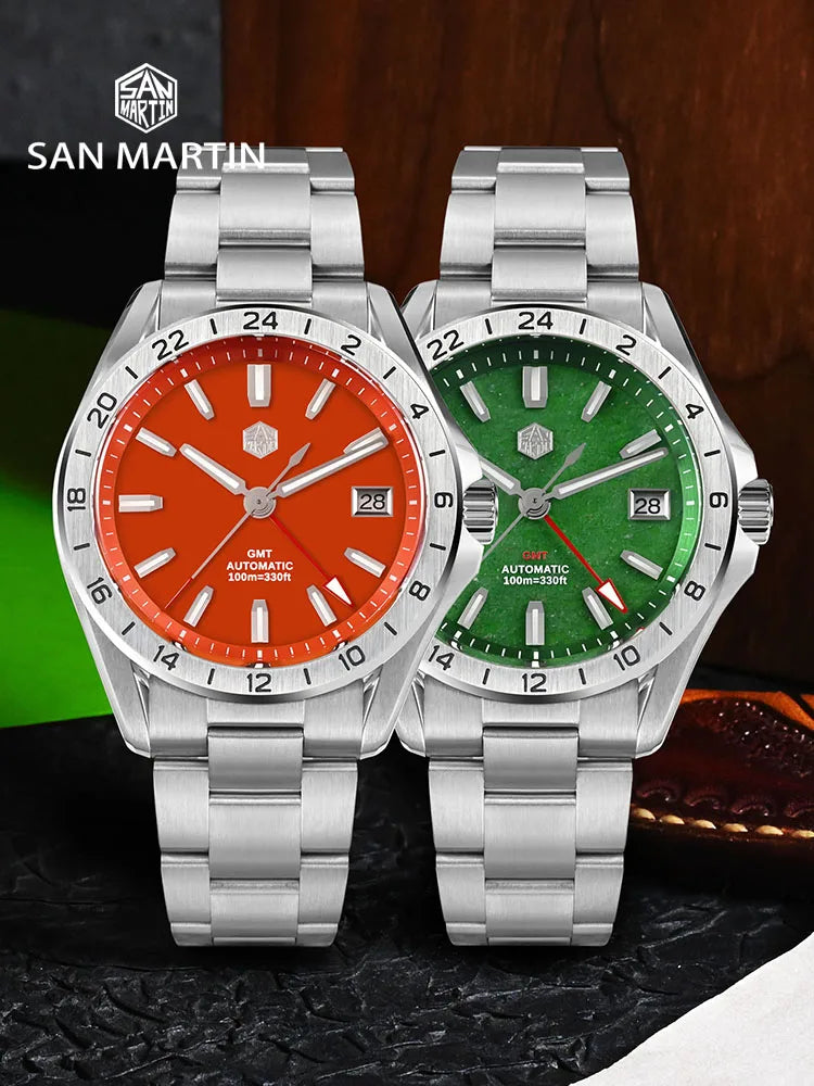 Reloj de lujo para hombre San Martin 39mm con esfera de aventurina, NH34 GMT automático mecánico, zafiro, resistente al agua, luminoso, SN0129