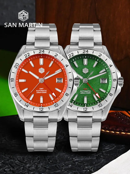 Reloj de lujo para hombre San Martin 39mm con esfera de aventurina, NH34 GMT automático mecánico, zafiro, resistente al agua, luminoso, SN0129