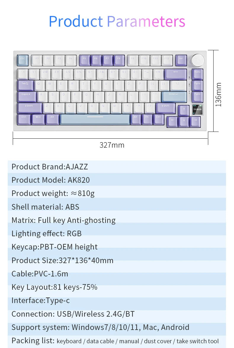AJAZZ AK820 Tastiera meccanica con layout compatto 70%/illuminazione RGB/switch hot-swappable, con connessione cablata, wireless e Bluetooth