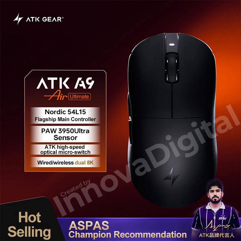 ATK Dragonfly A9 Ultimate vezeték nélküli gaming egér A9 Air PAW3950, ultrakönnyű ergonomikus e-sport gamer FPS egér CSGO-hoz A9 Ultra