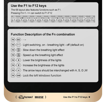 FREEWOLF M68SE Teclado mini con cable de 68 teclas, retroiluminación RGB, Type-C, diseño 68%, compacto para gaming, oficina, PC y portátil