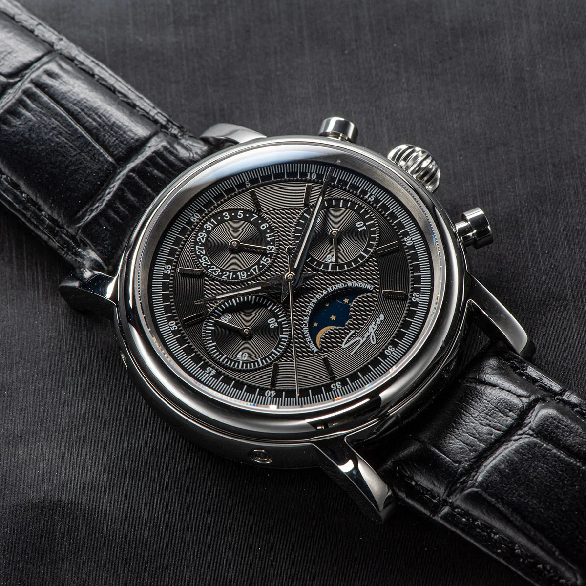 Sugess Men Watch ST1908 Swanneck Movement Mechanical Chronograph Wristwatch Genuine Moonphase Calendar Vintage Leather NEW 2023