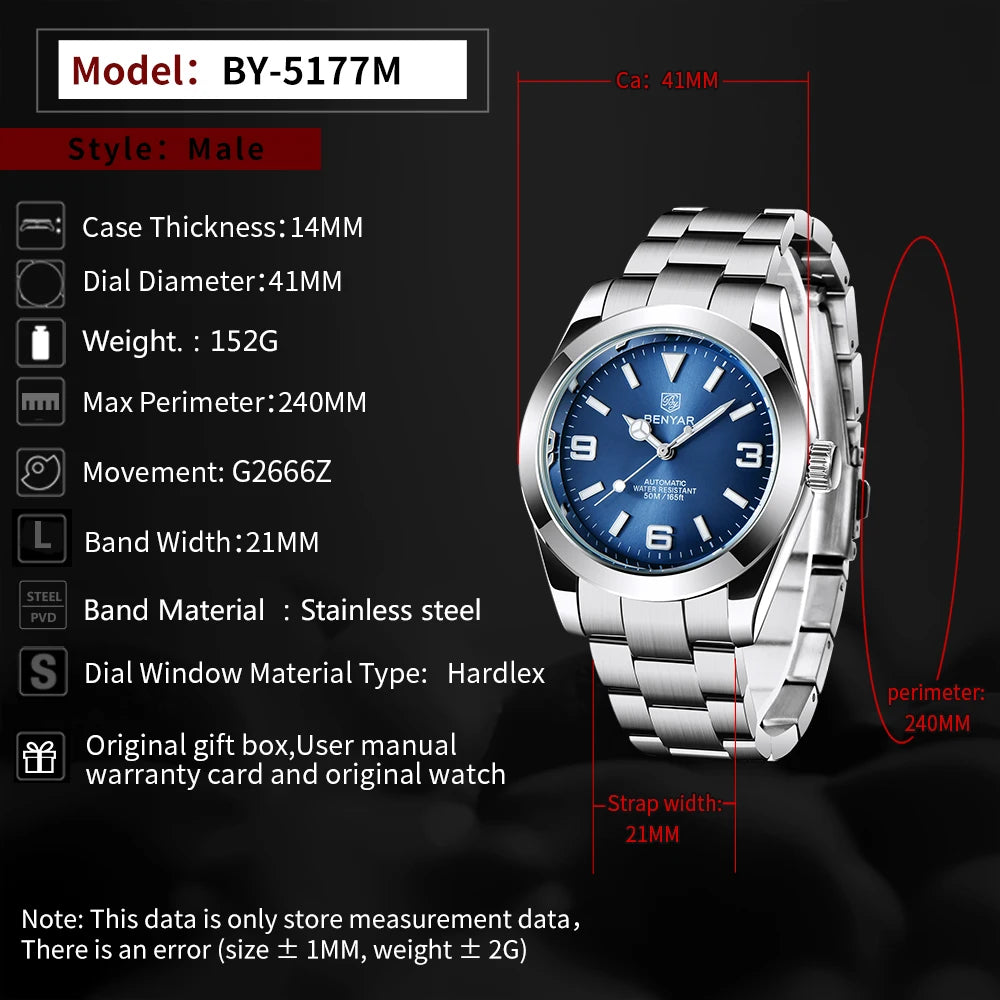 BENYAR 2025 Nuevo reloj mecánico automático para hombre, estilo business deportivo de lujo, relojes para hombre, resistente al agua 50M, Relogios Masculino
