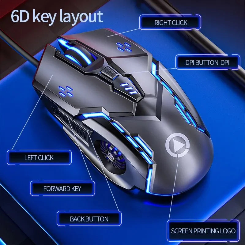 Ratón gaming con cable G5 Mute, seis teclas, iluminación luminosa, para e-sports, accesorio informático, ratón gaming para portátil y ordenador de sobremesa