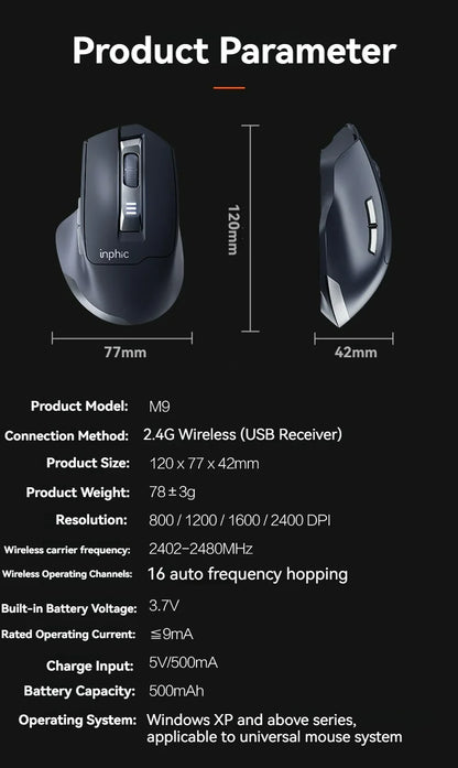 Inphic M9 Kabellose Maus 2.4G USB-Empfänger Wiederaufladbar Type-C Stummschaltungstaste Energieanzeige Ergonomische universelle Office-Maus