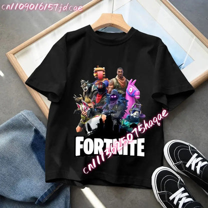 Fortnites Kids Black Cotton T-Shirt Fortress Night Baby Short Sleeve Tees Shirt Cartoon Boy Girl Summer Clothes Kawaii Tops Gift