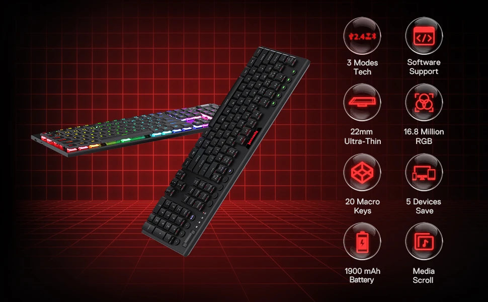 Redragon K618 Horus Wireless RGB Mechanical Keyboard, Bluetooth/2.4GHz/Wired Tri-Mode Low Profile Gaming Keyboards