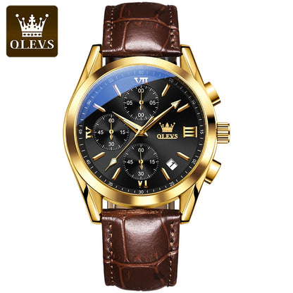 OLEVS 2872 Men’s Chronograph Wristwatch – Leather strap, water-resistant, luminescent hands, quartz movement, luxury sports style