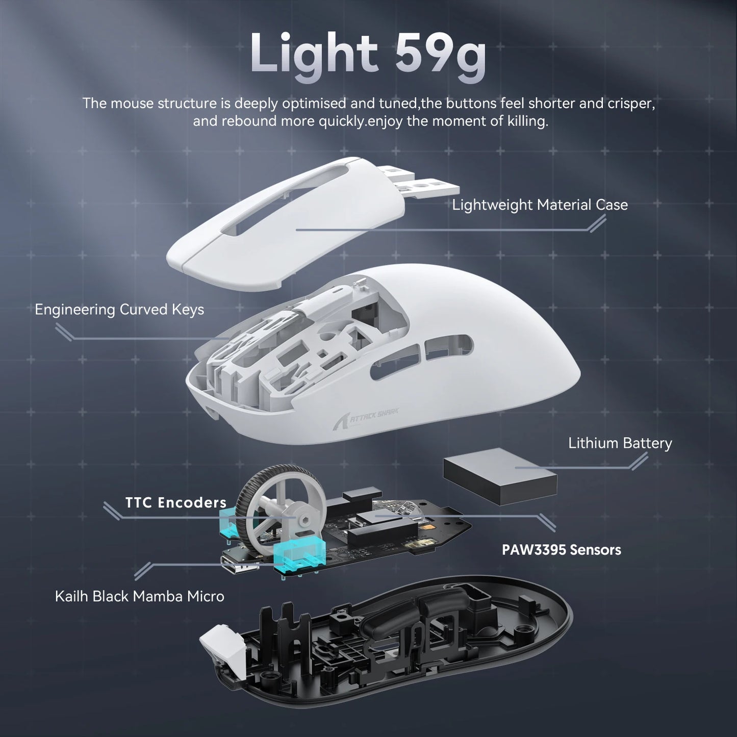 Mouse gaming wireless ATTACK SHARK X3/X3PRO 4K/8K, 26K DPI, tri-mode (cablato/2.4GHz/BT5.2), leggero, sensore PAW3395 per gamer