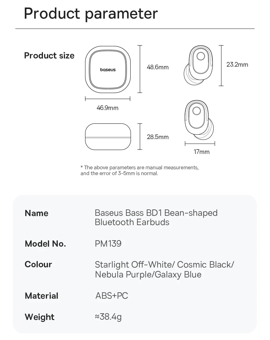 Baseus Bass BD1 Wireless Earphones Bluetooth 5.4 Mini Bean Earbuds 38H Playtime IP55 Waterproof Sports Headphones