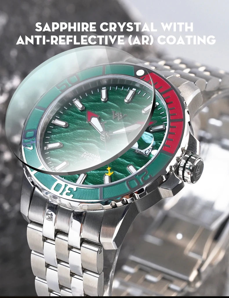 WM Watch Automatic Mechanical Watches NH35 Anti-reflective 200 Water Resistant Sapphire Crystal Welly Merck Watch WM206