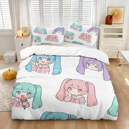 Hatsune Miku Chibi Style Duvet Cover Set Cute Anime Bedding with Pillowcases Gaming Room Teens Kids Bedroom Decor Gift for fans