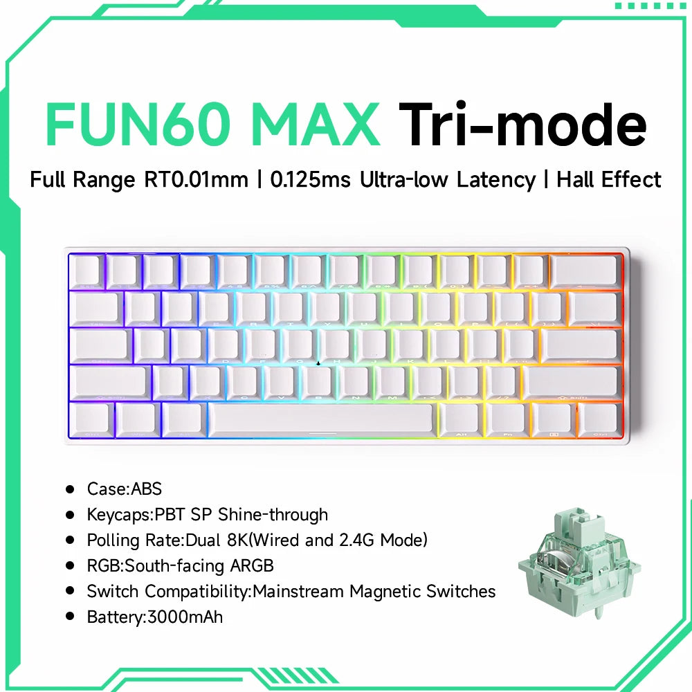 Teclado Mecânico Akko MonsGeek FUN60 com Switch Magnético, 60%, Teclado Gaming, Rapid Trigger 0.01mm, 8K, ARGB, HE/TMR, Teclado Personalizado